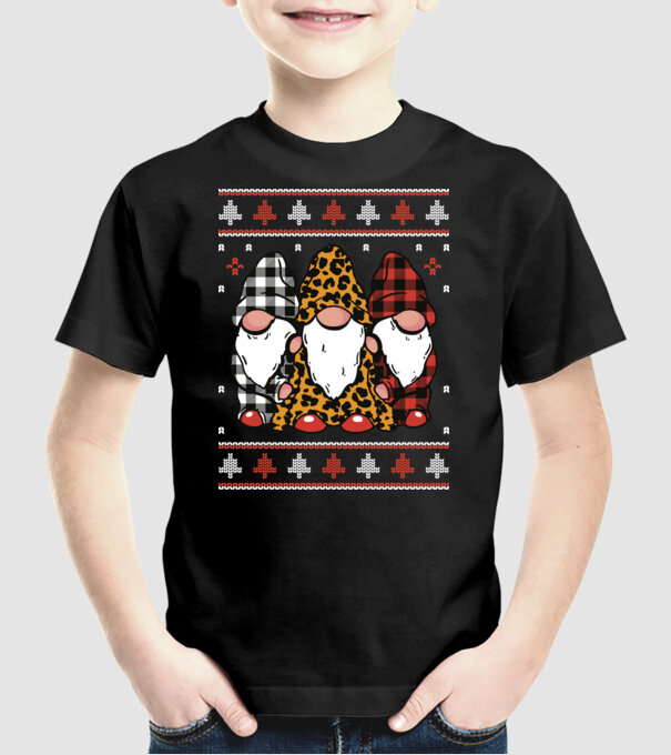 Ugly sweater gnomes model negru pe tricou