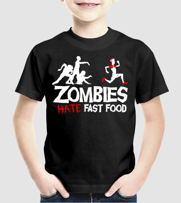 Zombies Hate Fast Food model negru pe tricou