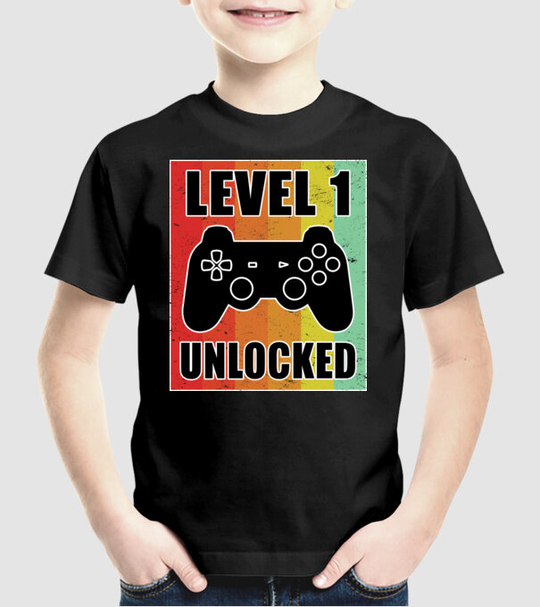 level 1 unlocked retro gamer model negru pe tricou