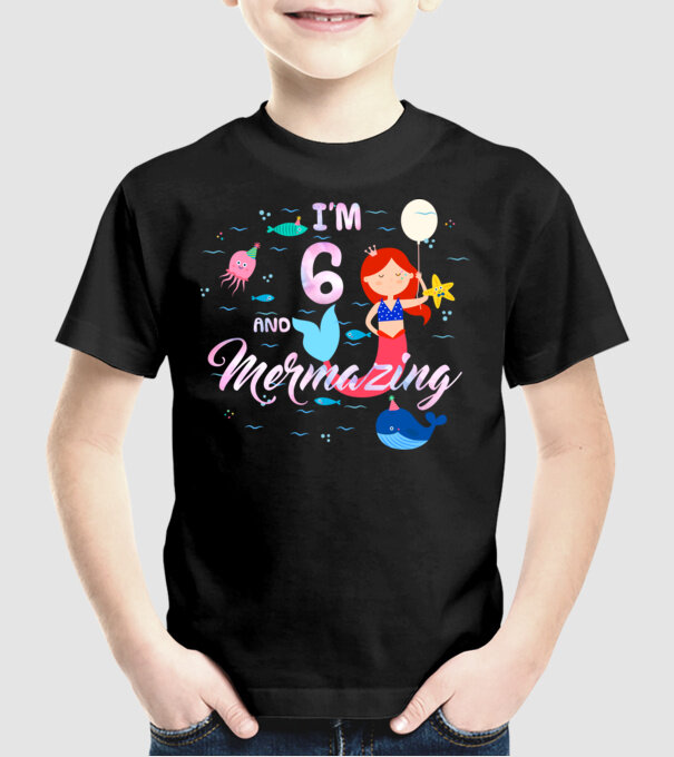 Mermazing Birthday 6 model negru pe tricou