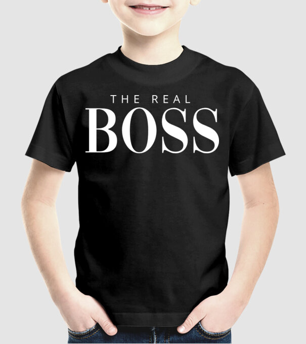 Motiv cuplu The REAL Boss model negru pe tricou