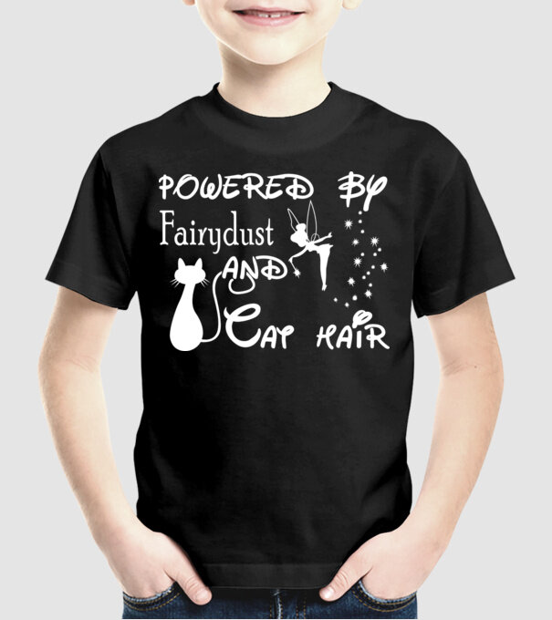 Powered by fairydust and cat hair model negru pe tricou