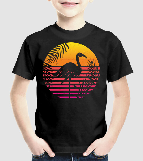 Retro flamingo sunset model negru pe tricou
