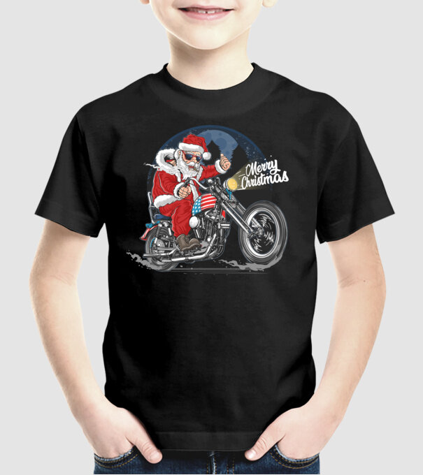 Santa Motocicletă Merry Christmas model negru pe tricou