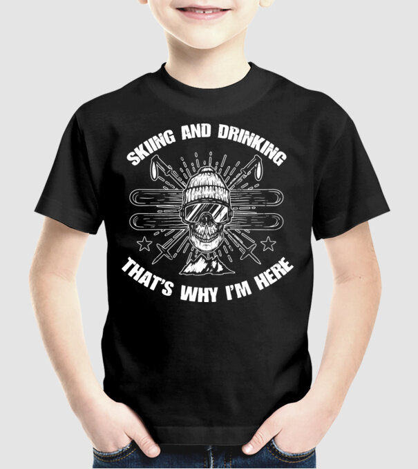 Skiing and drinking model negru pe tricou