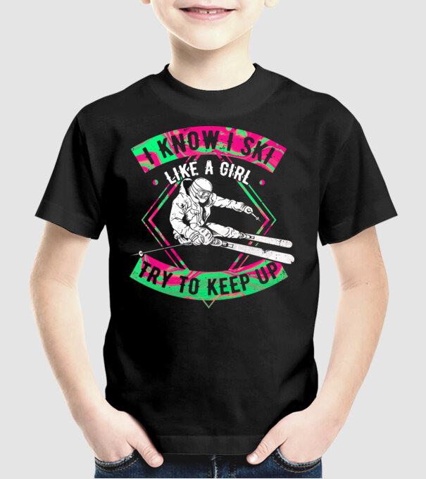 Skiing like a girl model negru pe tricou
