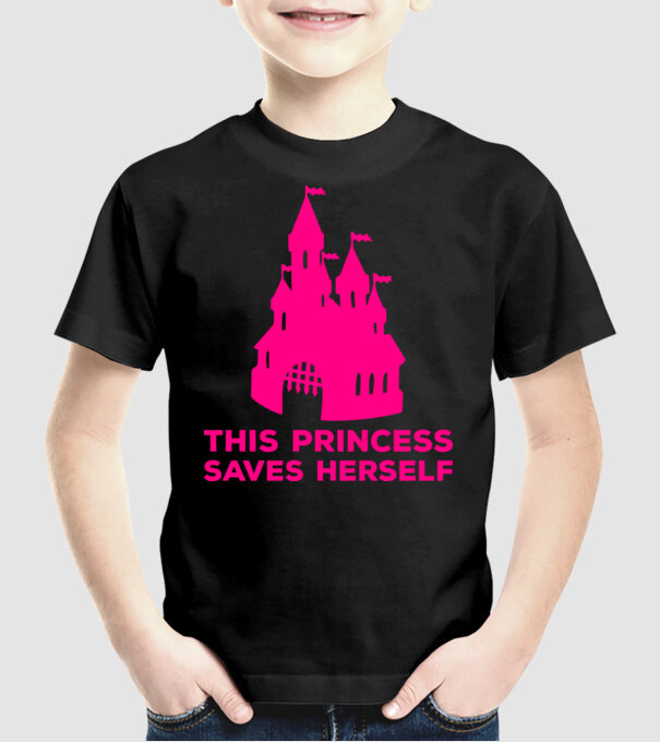 This princess saves herself model negru pe tricou