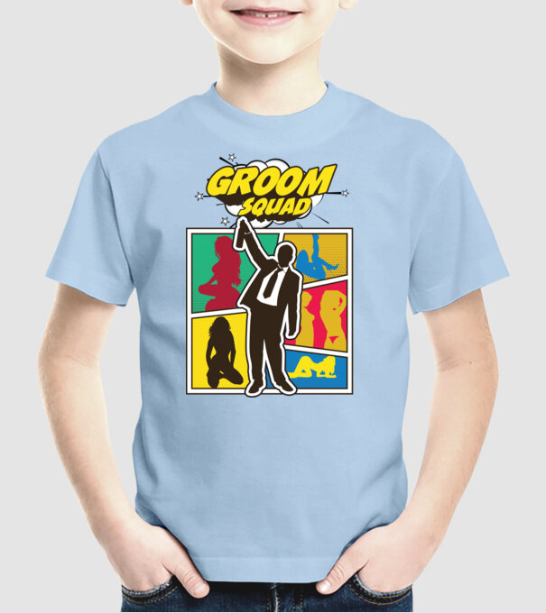 Comic Groom Squad model albastru deschis pe tricou