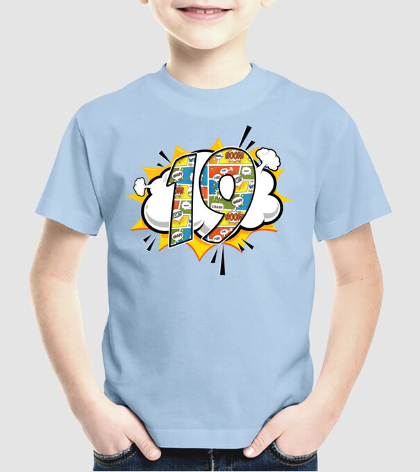 Birthday Comic Number 19 model albastru deschis pe tricou