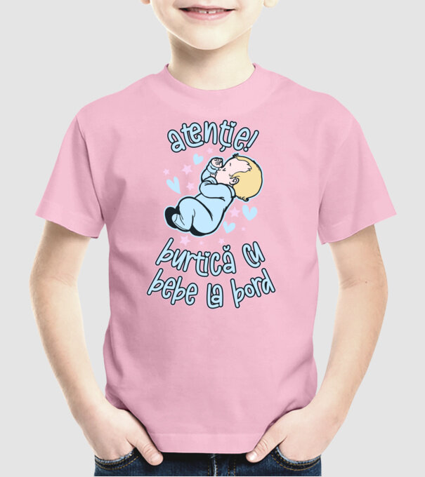 atenție! burtică cu bebe la bord model roz deschis pe tricou