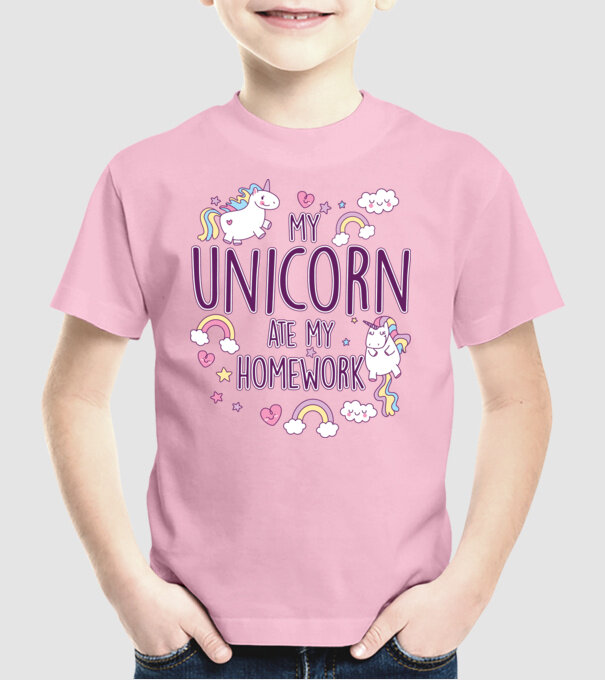 My unicorn ate my homework model roz deschis pe tricou