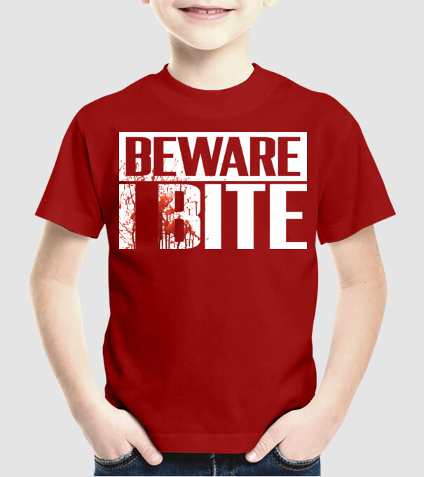 Beware i bite model roșu pe tricou