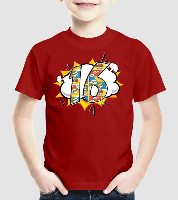Birthday Comic Number 16 model roșu pe tricou