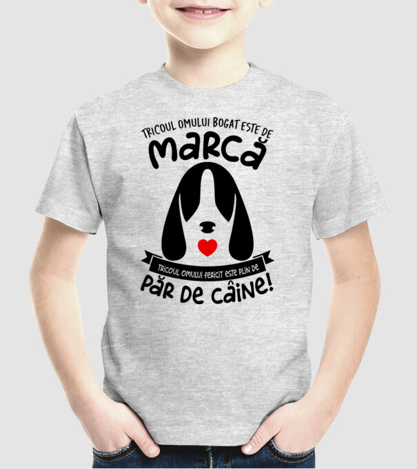 tricoul omului bogat este de marcă, tricoul omului fericit este plin de păr de câine model gri pe tricou