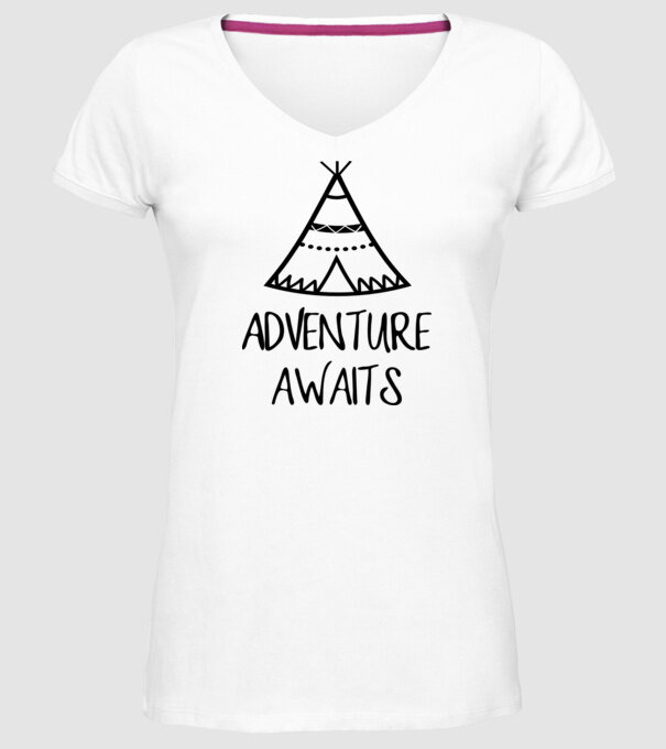 Adventure awaits teepee model alb pe tricou