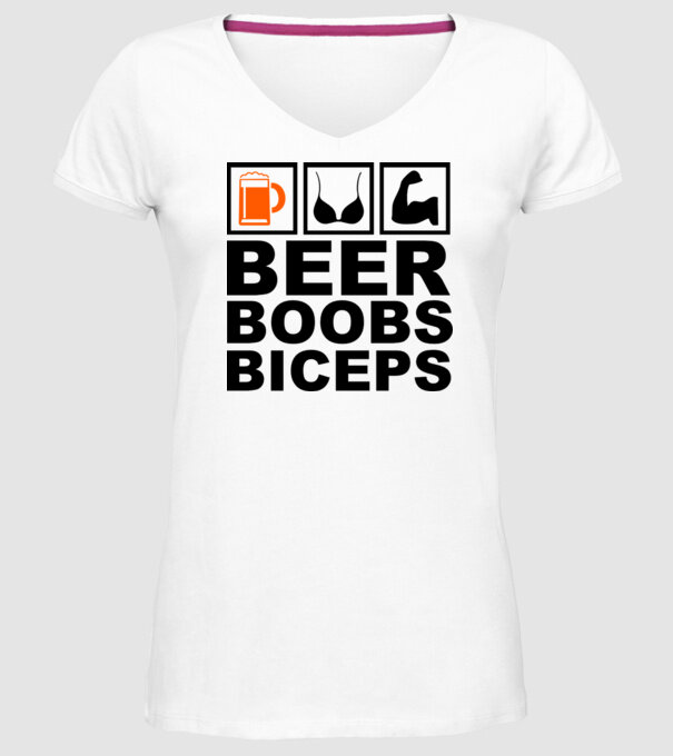 Beer Boobs Biceps model alb pe tricou