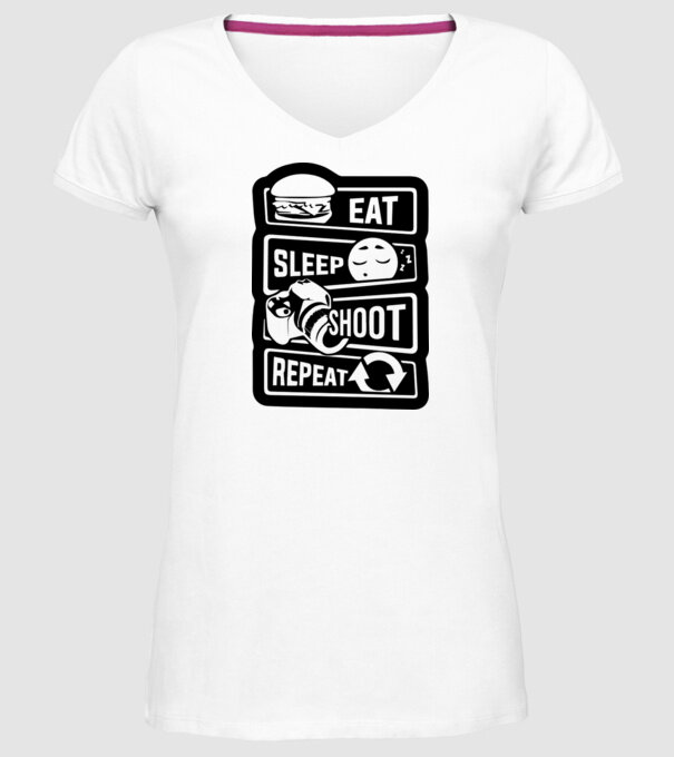 eat sleep shoot repeat model alb pe tricou