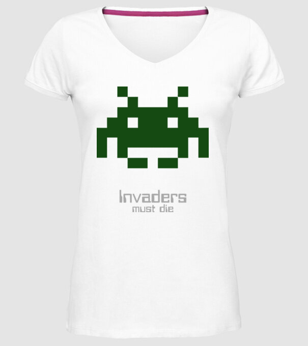 Invaders Must Die model alb pe tricou