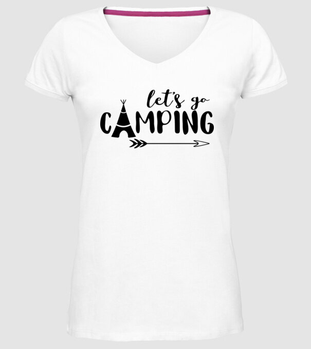 'Let''s go camping' model alb pe tricou