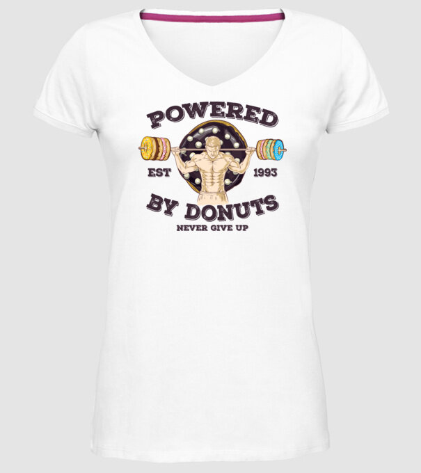 Powered by donuts model alb pe tricou