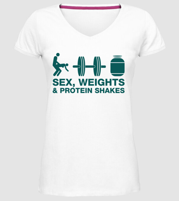 Sex, weights and protein shakes model alb pe tricou