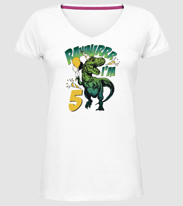 'Birthday Dinosaur rawww i''m 5' model alb pe tricou
