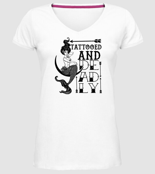 Tattooed and deadly mermaid model alb pe tricou