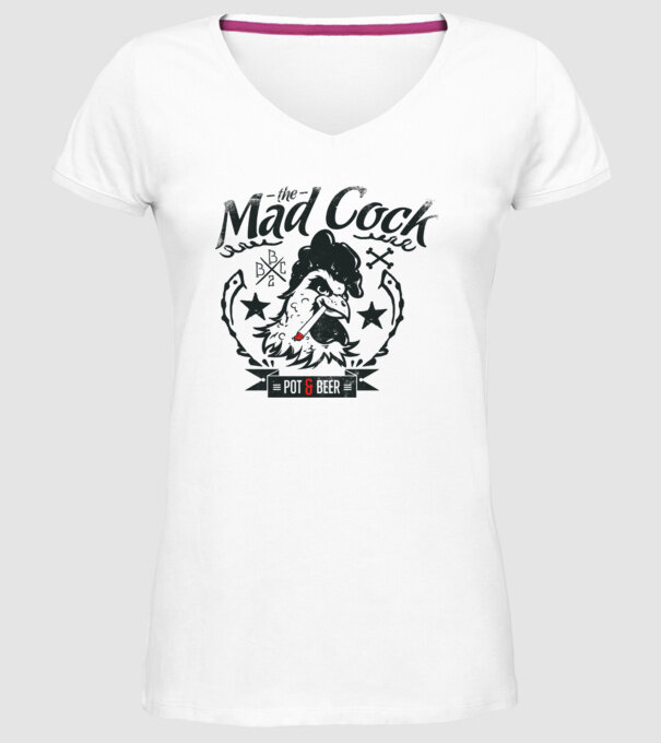 The Mad Cock model alb pe tricou