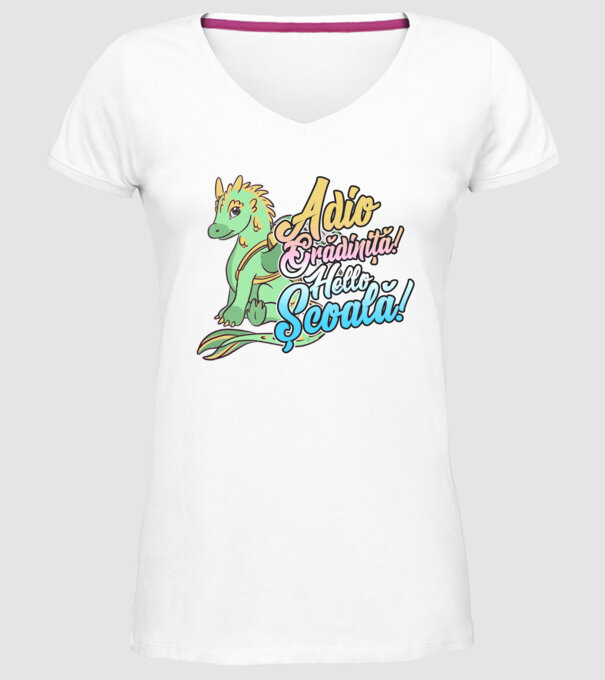 Adio grădiniță! Hello școală! model alb pe tricou