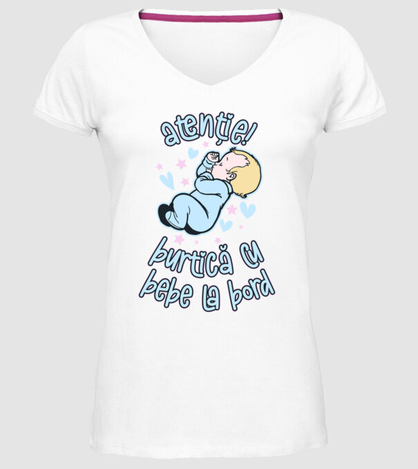 atenție! burtică cu bebe la bord model alb pe tricou