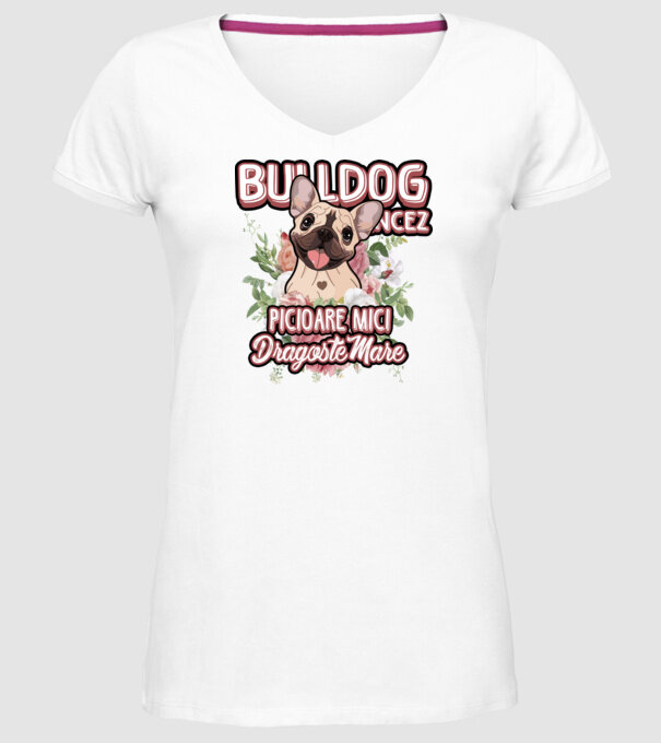 Bulldog francez picioare mici dragoste mare model alb pe tricou