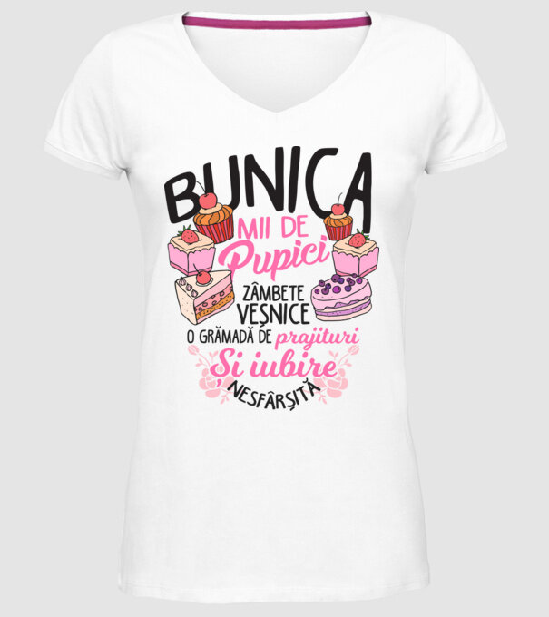 bunica - mii de pupici, zâmbete veșnice, o grămadă de prăjituri și iubire nesfârșită model alb pe tricou
