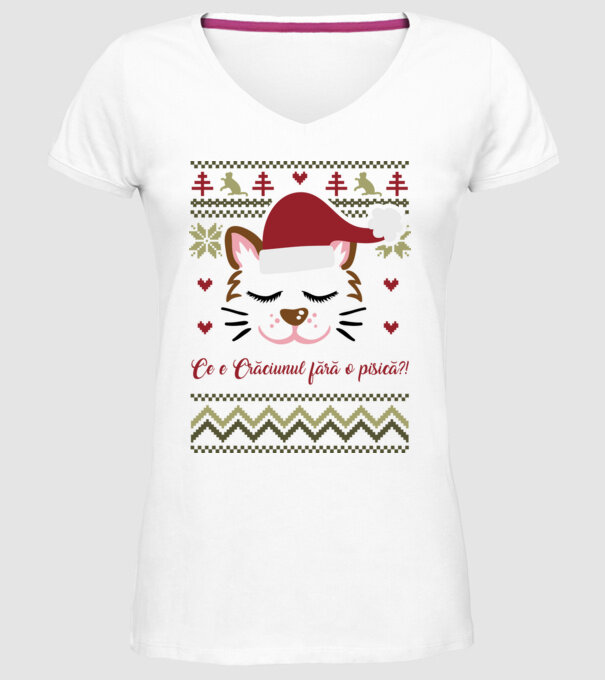 Ce e Crăciunul fără o pisică?! model alb pe tricou