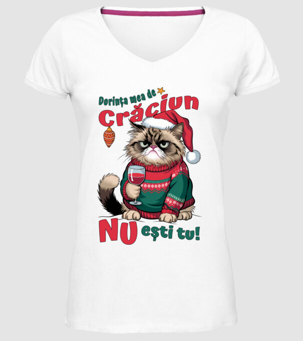 Dorința mea de Crăciun nu ești tu! pisică model alb pe tricou