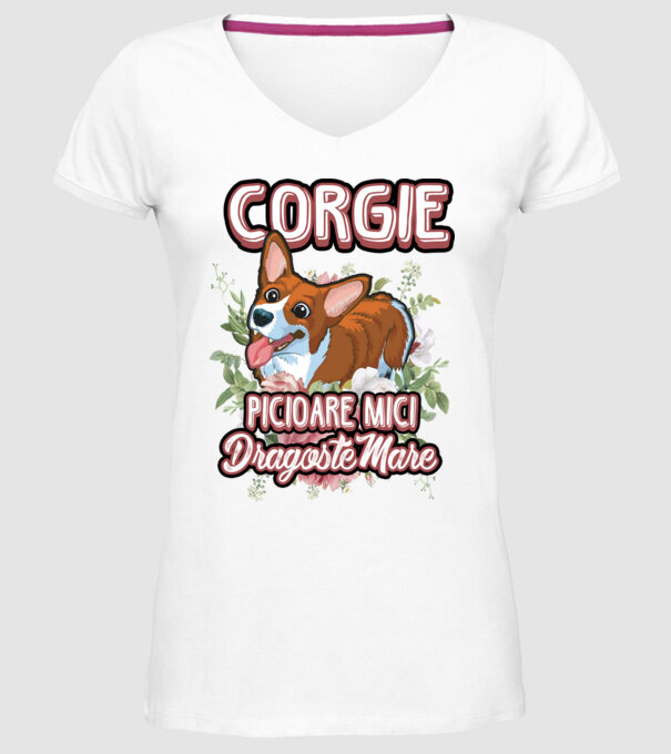 corgie : picioare mici dragoste mare model alb pe tricou