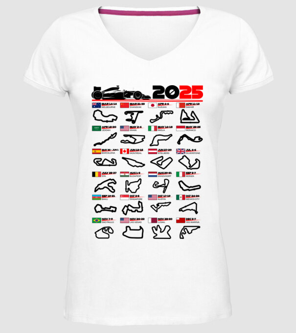 F1 calendar 2025 model alb pe tricou