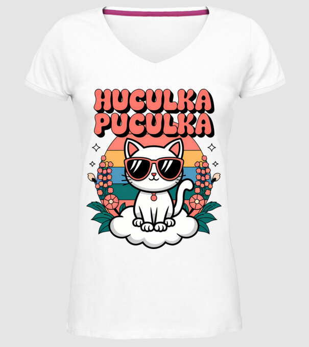 Huculka Puculka pisică 1 model alb pe tricou