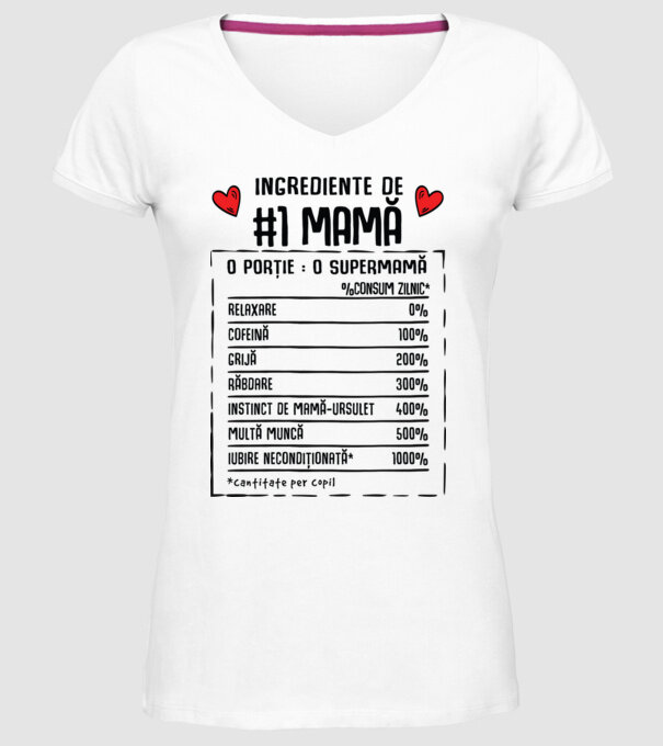 Ingrediente de Mamă - o porție : o supermamă - %consum zilnic* relaxare, cofeină, grijă, răbdare, instinct de mamă-ursuleț, mult model alb pe tricou