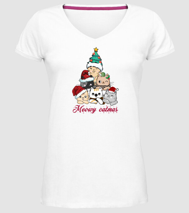 Meowy catmas model alb pe tricou