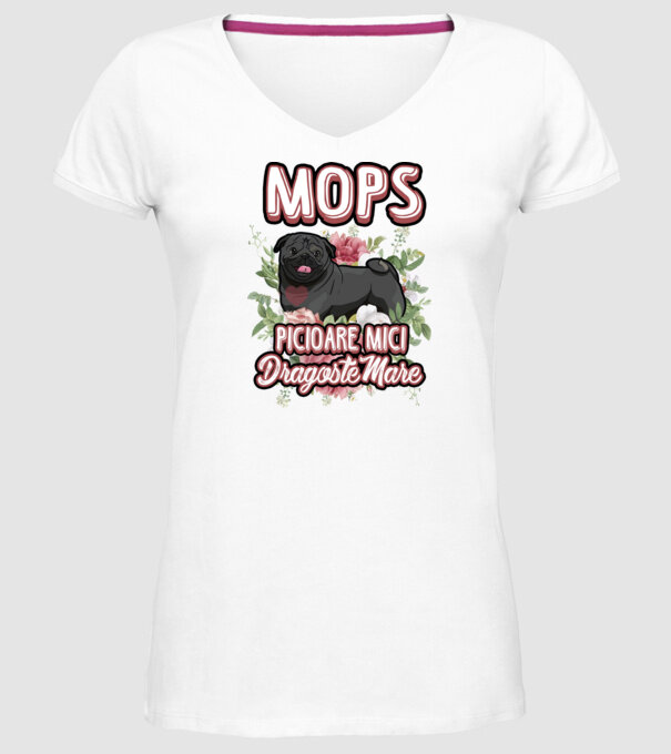 Mops negru picioare mici dragoste mare model alb pe tricou