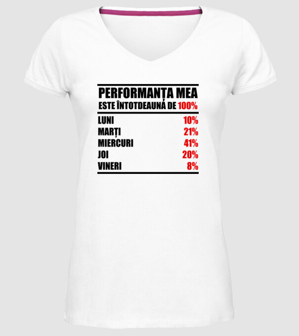 performanța mea este întotdeauna de 100% : luni, marți, miercuri, joi, vineri model alb pe tricou