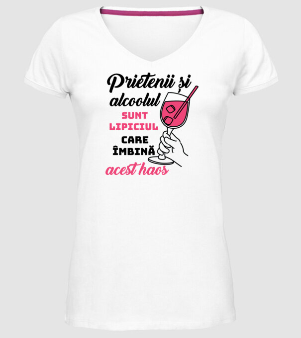 Prietenii și alcoolul sunt lipiciul care îmbină acest haos model alb pe tricou