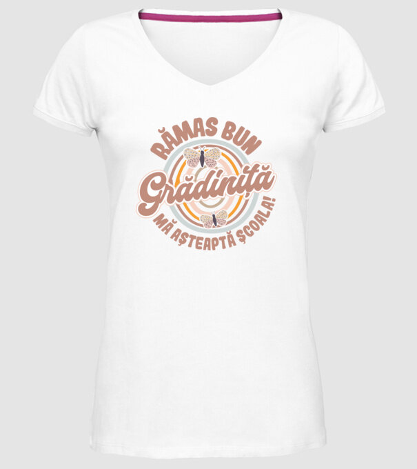 Rămas bun grădiniță, mă așteaptă școala! model alb pe tricou