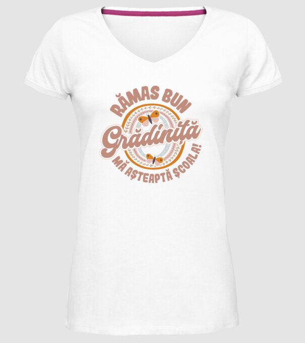 Rămas bun grădiniță, mă așteaptă școala! model alb pe tricou
