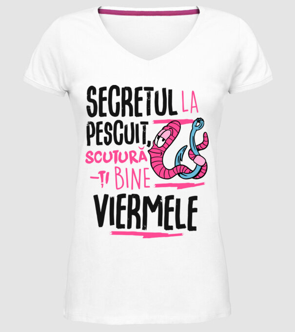 Secretul la pescuit scutură-ți bine viermele model alb pe tricou