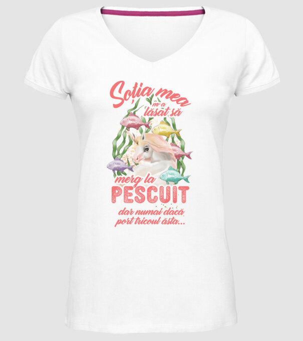 soția mea m-a lăsat să merg la pescuit, dar numai dacă port tricoul ăsta... model alb pe tricou