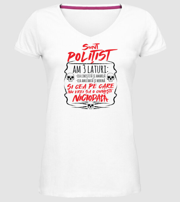 sunt polițist am 3 laturi model alb pe tricou