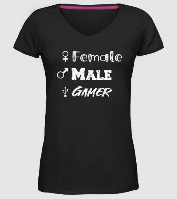 Female Male Gamer model negru pe tricou