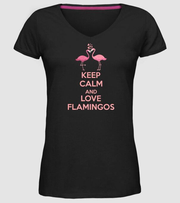 KEEP CALM and love flamingos pink model negru pe tricou