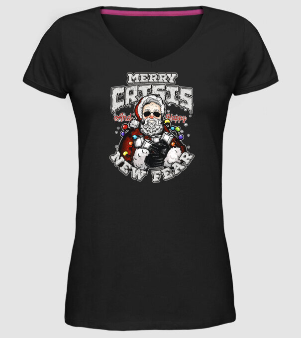 Merry Crisis and Happy New Fear model negru pe tricou